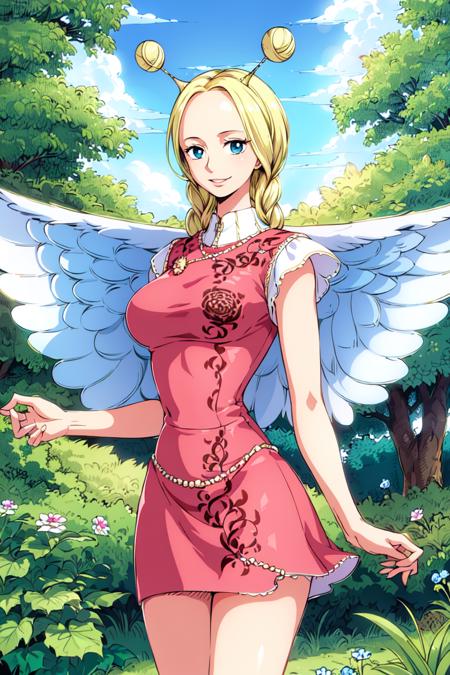 masterpiece, ((ultra detailed background, delicate pattern, intricate detail)), (highly detailed, fine details), best quality, beautiful lighting, ((medium breasts, slim girl)), Conis, 1girl, solo, blonde hair, wings, twin braids, smile, dress, blue eyes, bun, complex detailed background, blue sky, grass, trees, nature environment, (cowboy shot),   <lora:Conis:0.75>