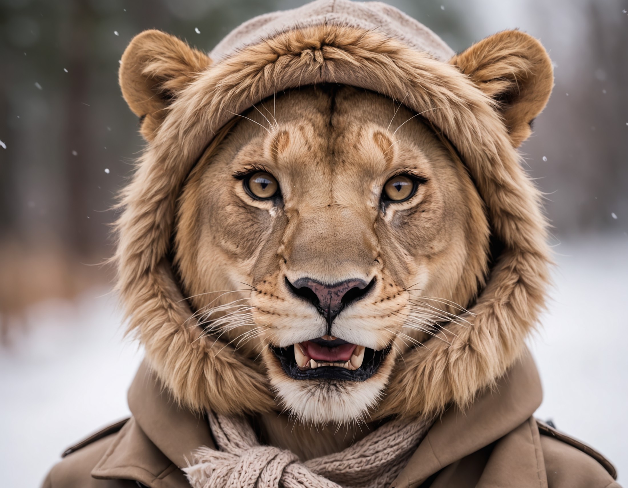 closeup photo anthro female lioness wearing a coat, skirt, and beanie, fangs