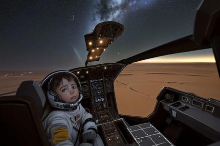 on the surface of brown desert exoplanet, in cockpit view of spaceship, dark space with some stars in front, only 1 planet visible, see small ships and a space station in the distance