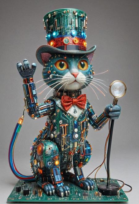 embedding:lazmpos, Transistors, pcb_style, LED, colorful LED lights, RGB lights, red green and blue cat, art deco, top hat, cane, monocle,RetroBG