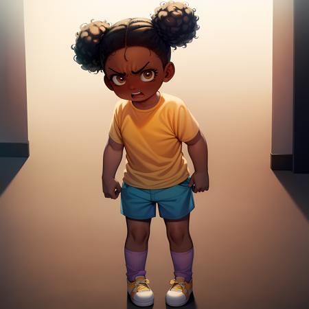 child Amanda shirt blue shorts  dark skin black hair hair bun brown eyes purple  socks yellow shoes