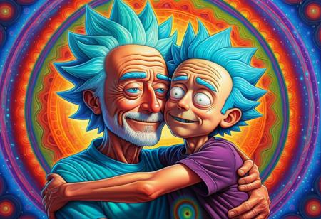 A vividly colored psychedelic inspired portrait of Rick Sanchez lovingly embracing his grandson Morty, in the style of Alex Grey's visionary art.
