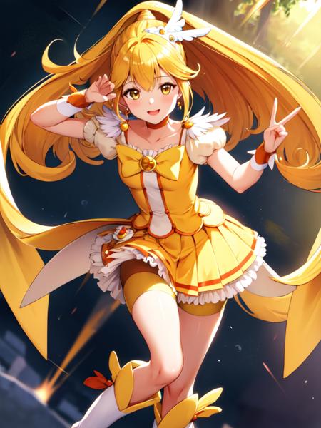 cure peace wing hair ornament, wrist cuffs, yellow bike shorts, shorts under skirt, white boots