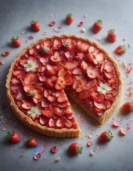 strawberry tart, p1nk1r1fl0wers, made out of iridescent flower petals, high quality, masterpiece <lora:PinkieIriFlwrsSDXL:1>