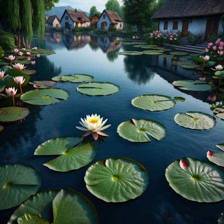 Ultra realistic full body color pencil drawn  portrait of water lilies in bloom, in a pond in the middle of a small village.
BREAK
Deep dark intense midnight blue foggy background, 
dynamic lighting, (soft shadows), (soft focus),  (photo realistic), uhd, 8k