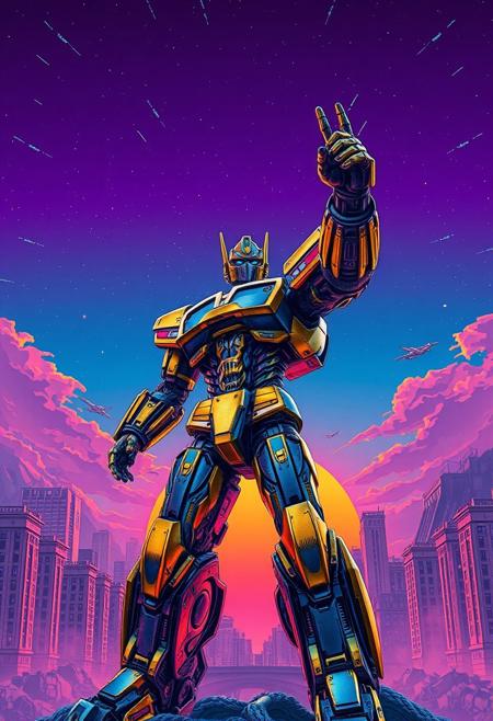 gold and blue transformer heroic pose, photograph with a purple sky, cosmic stars, an orange and blue synthwave sun background. Slightly turned. Damascus steel. Ultra-detailed. Hyper-realistic. Metal city landscape