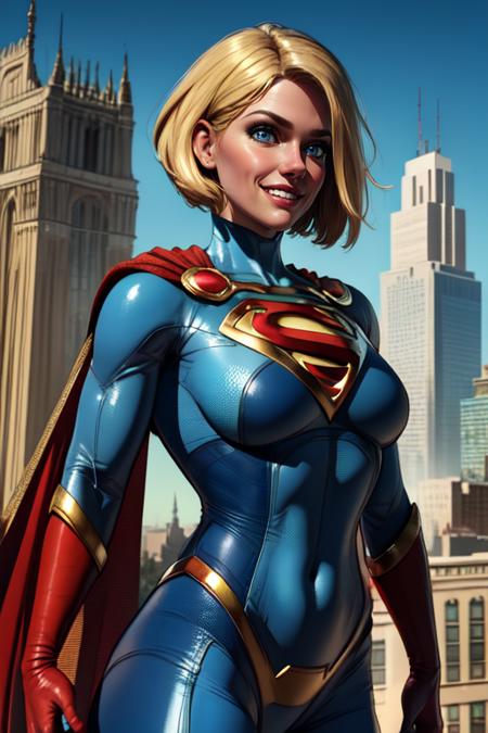 kara, short blonde hair, blue eyes, blue body suit, S (symbol\), red cape, red gloves,
 standing, upper body, smile, solo,  cowboy shot, 
morning, metropolis city, cloudy sky, (insanely detailed, beautiful detailed face, masterpiece, best quality),
 <lora:supergirl128:0.7>