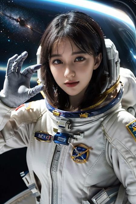 (masterpiece) , (best quality) , (reality: 1.3) , photorealistic, Octane rendering, (surreal: 1.2) , perfect features,((1girl)),((Beautiful face))
((astronaut)),  ((spacecraft)), gloves,  leotard,spacecraft interior, oxygen mask,((Spacesuit)),((Beyond the glass is the endless starry sky)),((Oxygen mask)),
 1girl,(silver short hair), yellow eyes, medium breast, slender, open mouth, smile, happy, ((spacesuit)), (((outer space))), (((stardust))), (((beautiful))), upper body, dutch angle, waving at viewersmile,
Original, extremely detailed wallpaper, highly detailed illustrations, (1 Girl) ,(best lighting) , (super-complex details) , 4K unified, (super-detailed CG: 1.2) , (8K: 1.2),<lora:momooo:0.8>