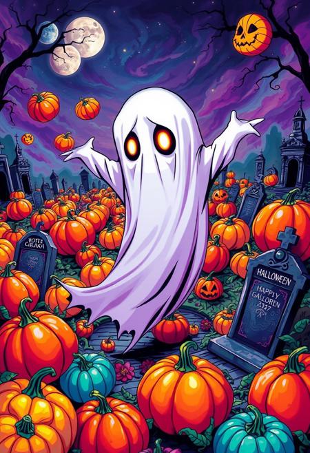A hyper-stylized anime-style Halloween ghost, surrounded by a vibrant, pop art landscape of colorful pumpkins and twisted, surrealist graveyard scenery. The ghost, a cute, bedsheet-clad figure with a sweet, anime-style face, is distorted and elongated, with a melting, Dalí-esque quality to its edges. The pumpkins, a riot of bright, poppy colors and bold, graphic patterns, seem to float and swirl around the ghost, as if they're being blown by an invisible wind. The graveyard scenery is a twisted, surrealist dreamscape of melting headstones, distorted mausoleums, and other bizarre, nightmarish imagery. The ghost's eyes glow with a bright, shining light, adding a touch of magical, supernatural energy to the image. The overall effect is one of vibrant, eye-popping energy, as if the viewer is gazing into a kaleidoscope of colors and patterns. highest-Quality, intricate details, visually stunning, Masterpiece