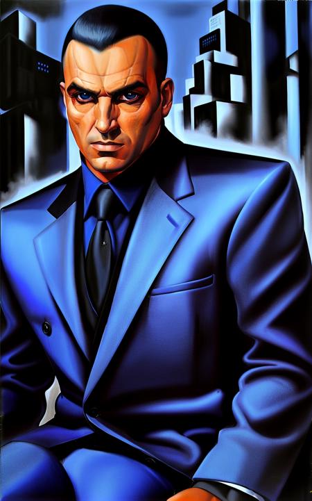 <lora:TDLP:0.8> Painting of a man wearing a blue-black jacket looking serious with his hand raised in a classic hand-pose