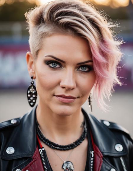 cinematic photo beautiful portrait of ((ohwx woman)) in a punk black leather jacket with studs, ((((skate park in the background)))), multiple ear piercings, multiple lips piercings, multiple eyebrow piercings, colored hair, skull necklace, kids on skateboard in the background    <lora:triciahelfer_dh128_v1:1> . 35mm photograph, film, bokeh, professional, 4k, highly detailed