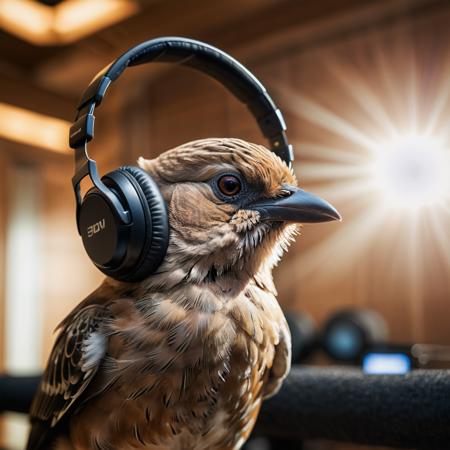 A photograph of a bird wearing headphones and speaking into a high-end microphone in a recording studio., Carlos Catasse, award - winning photography, a stock photo, art photography,action shot, nude, sunlight, wide angle,<lora:EnvyActionShotXL01:0.5> 8k, F2.8, RAW Photo, ultra detailed, real life <lora:xl_more_art-full_v1:0.8>
