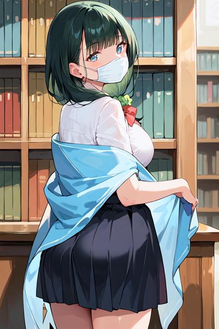 sssshass, black hair, surgical mask, blue eyes, bangs,  large breasts long hair, low side ponytail, shawl, black skirt, white shirt, bangs, red bowtie, green hair scrunchie,  short hair, folded ponytail, swimsuit, blue bikini, hooded jacket