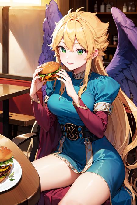 bbnina, blonde hair, long hair, green eyes, (purple wings:1.1), feathered wings, blue dress, puffy sleeves, long sleeves, thighs, side slit