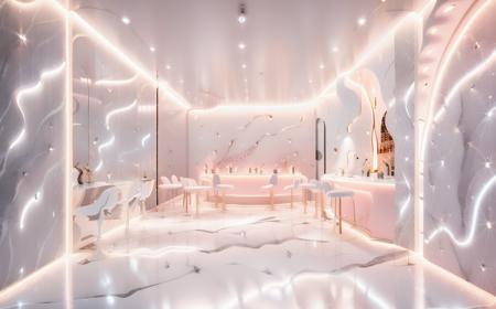 a room filled with lots of furniture next to a bar, zaha hadid octane highly render, with soft pink colors, behance. polished, cinematic lighting h 704, terrazzo, archviz, inspired by Giorgio Giulio Clovio, white-space-surrounding, rendered in unreal, well-lit <lyco:Vu_cafe:1.0>