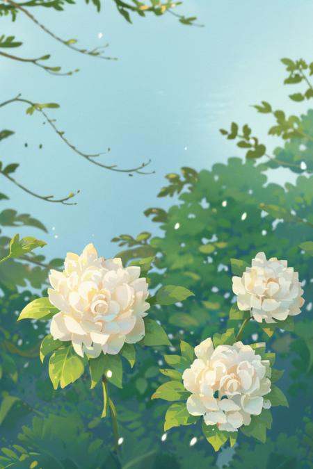 flower, no humans, leaf, sky, white flower, blue sky, blue background, outdoors, day, plant, still life (illustration:1.0), masterpiece, best quality    <lora:floweras_20231016212448:0.8>