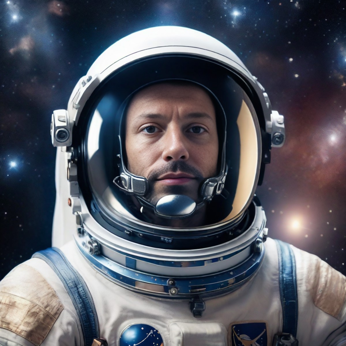 Renaissance-style portrait of an astronaut in space, detailed starry background, reflective helmet, 8k, hdr