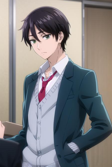 kaitamaru, <lora:kai tamaru s1-lora-nochekaiser:1>,
kai tamaru, short hair, black hair, male focus, mole, (green eyes:1.3), mole under mouth, hair between eyes,
BREAK shirt, long sleeves, school uniform, jacket, white shirt, open clothes, necktie, pants, open jacket, blazer, cardigan, red necktie, sweater vest, brown pants,
BREAK indoors, classroom,
BREAK looking at viewer, (cowboy shot:1.5),
BREAK <lyco:GoodHands-beta2:1>, (masterpiece:1.2), best quality, high resolution, unity 8k wallpaper, (illustration:0.8), (beautiful detailed eyes:1.6), extremely detailed face, perfect lighting, extremely detailed CG, (perfect hands, perfect anatomy),