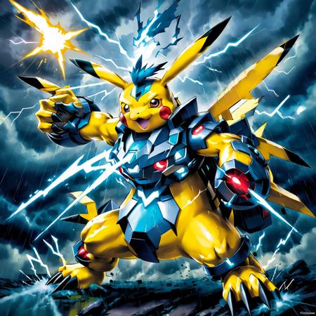 mecha pikachu unleashing at thunderstorm,glowing,asmaria,   <lora:AsMaria_Style_XL_Digimon_Illustrator:0.75>