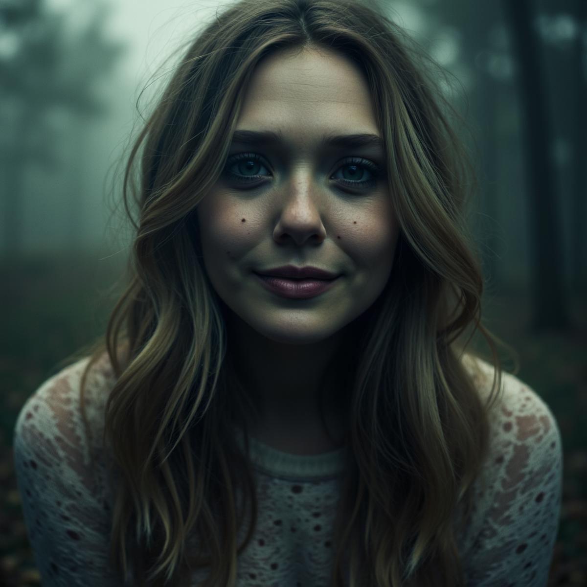 woman beggining to smile, looking at viewer, horror theme, dark spooky atmosphere, foggy, 