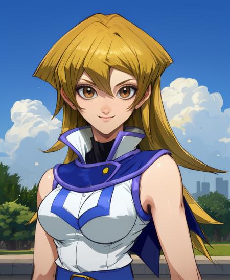 Alexis,blonde hair,brown eyes,
sleeveless,duel academy uniform (yu-gi-oh! gx),belt,blue miniskirt,
standing,upper body,smile,
school campus,outdoors,
(insanely detailed, beautiful detailed face,beautiful detailed eyes, masterpiece, best quality),solo,<lora:AlexisRhodes:0.9>,