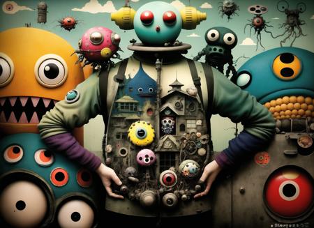 Photomontage, <lora:gonzobugs:.5> gonzobugs chibi kawaii monster, deep sea fishing, vehicle, eldritch mechanisms, clowncore, war-torn post apocalyptic wonderland, fauvism , Caspar David Friedrich , Takashi Murakami , Diane Dillon , album cover art, perfect, smooth, pixiv, cgsociety, ancient temple