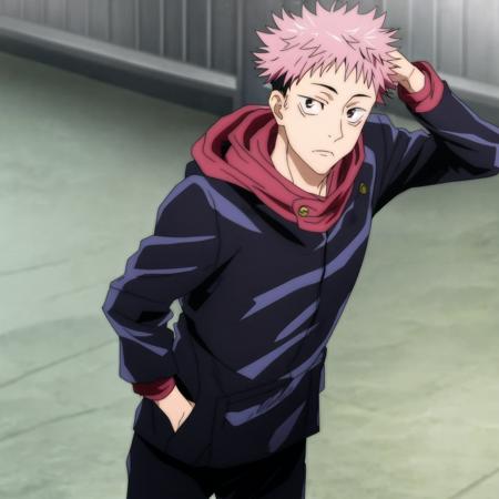 1 boy, solo, tall, in hoodie, tall, cowboy shot, hands in pocket, pink hair, looking at viewer, jujutsu kaisen, itadori yuji, screencap style, <lora:Yujii:1>