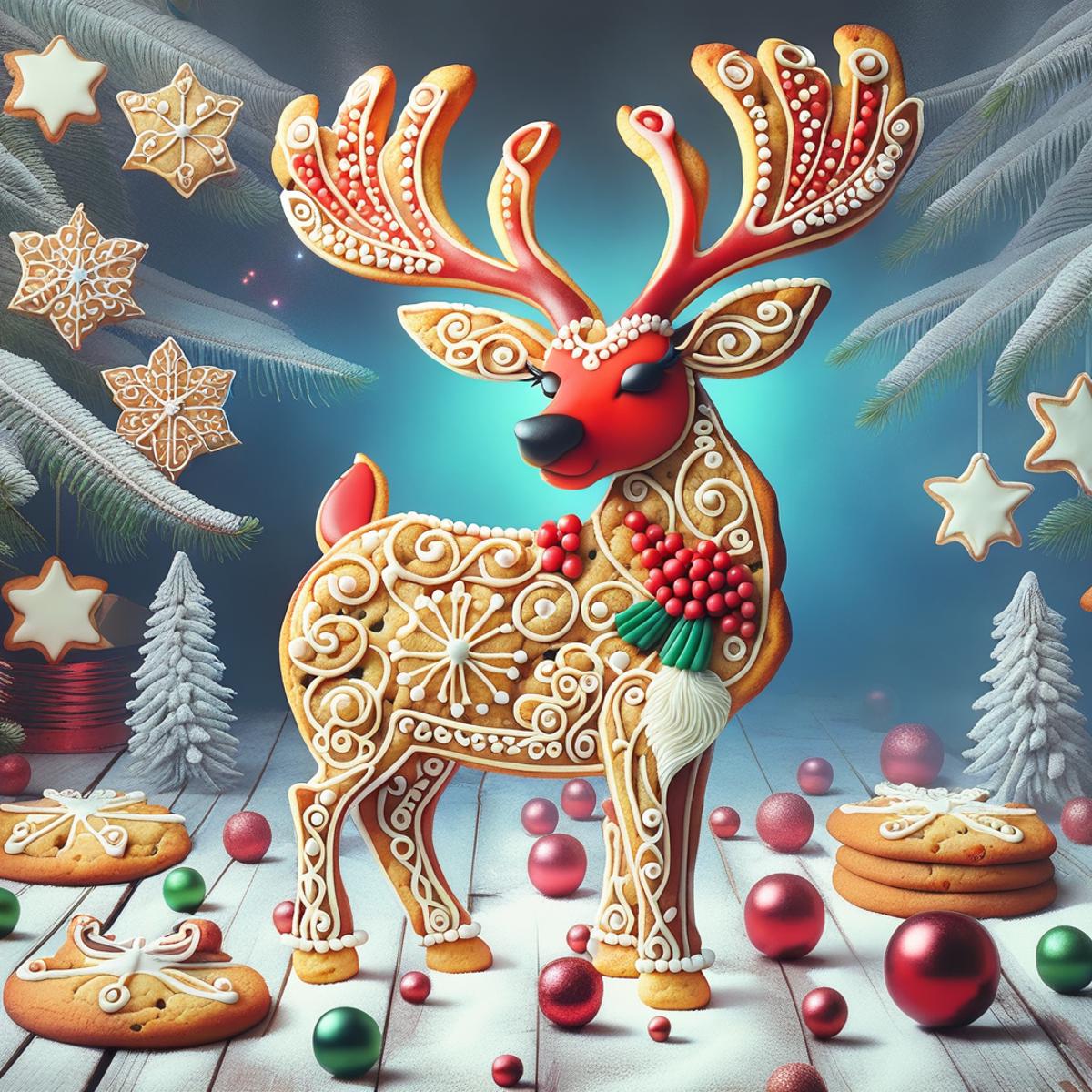 A Christmas-themed scene featuring a reindeer made out of cookies and decorations.