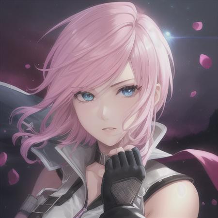 1girl, armor, blue_eyes, falling_petals, fingerless_gloves, gloves, lightning_farron, looking_at_viewer, parted_lips, pink_hair, short_hair, solo,masterpiece,illustration,best quality,highly detailed,ultra-detailed,an extremely delicate and beautiful girl,wallpaper,beautiful detailed eyes,solo,1girl,colorful,extremely_detailed_eyes_and_face