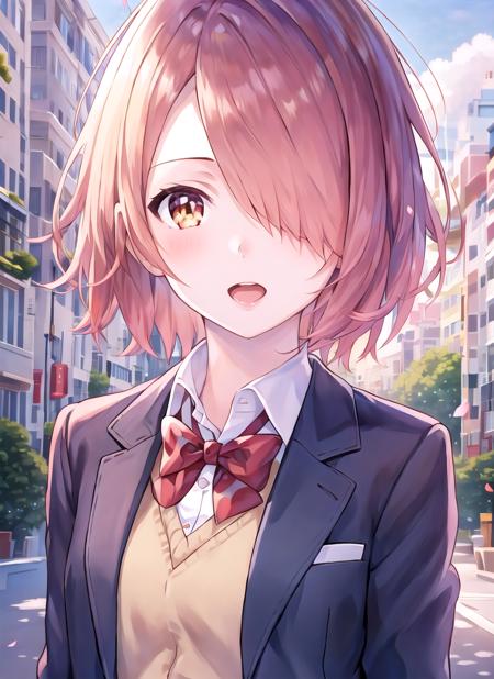 masterpiece, best quality, high quality, 1girl, solo,  <lora:hoshino_miyako:1>, hoshino_miyako, 1girl, solo, hair over one eye, red bow, bow, white shirt, shirt, school uniform, bowtie, blazer, collared shirt, outdoors, looking at viewer, red bowtie, blue jacket, yellow eyes, open mouth, long hair, red hair, anime screencap