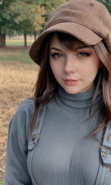 meggii2023, 1 girl, brown hair, uhd, best quality, masterpiece, turtleneck, walking in country, 5 fingers, closeup, dark hair, full body, long hair, overalls,