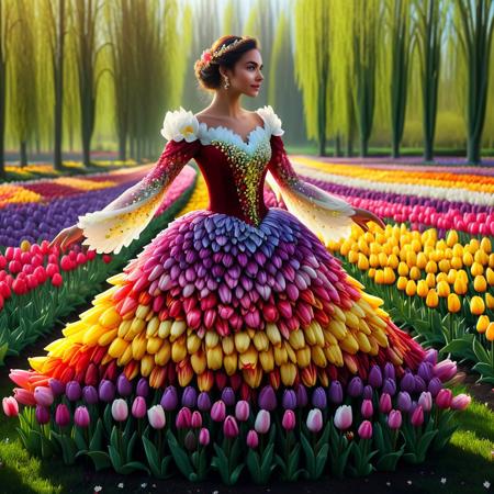 jaynl-tm, made of tulips, A graceful woman wearing a full-sleeve fairy dress intricately crafted from multicolored tulip petals, standing in the heart of a vibrant flower fantasy world. Her gown flows with layers of blooming tulips in every hue—pinks, purples, yellows, reds, and whites—each petal soft, fresh, and glistening with morning dew. The sleeves are delicately woven with smaller blossoms, wrapping her arms in a cascade of floral elegance. Her presence radiates natural beauty and enchantment, blending seamlessly into the dreamlike landscape of towering tulips, endless fields of beautiful flowers, and floating pollen sparkles. Soft sunlight filters through floral canopies, casting dancing shadows and light over her glowing form—like a living embodiment of springtime magic and floral wonder, Masterpiece level quality, soft lighting, bright lighting, sharp focus, fine details, high quality, precise, high resolution, 4k, 8k,