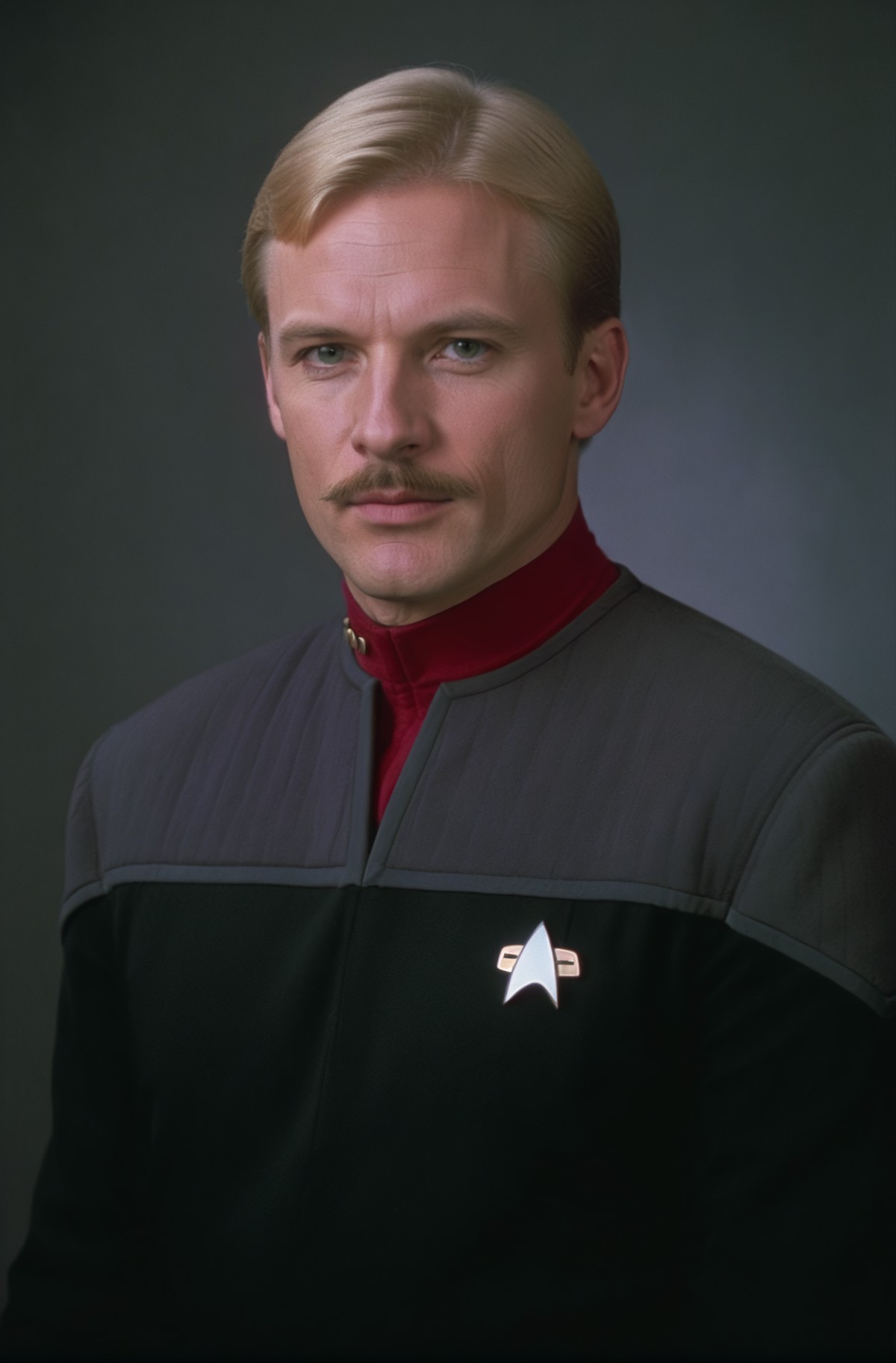 blond man,small moustache, in black and grey ds9st uniform,red collar,professional photo, shot on Hasselblad <lora:DS9XLVG...