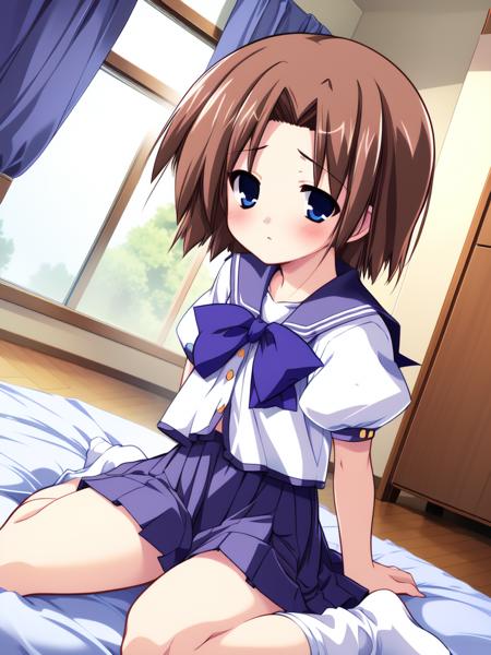 <lora:Shiki_Akimi:0.8>sShikiAkimi, 1boy, solo, otoko no ko, blue eyes, brown hair, skirt, school uniform, ryuuguu rena, socks, blush, sitting, short hair, wariza, bow, short sleeves, puffy sleeves, window, indoors, pleated skirt, dutch angle, puffy short sleeves, bowtie, white socks, bed, curtains, arm support, serafuku
masterpiece, high quality, very_high_resolution, large_filesize, full color,