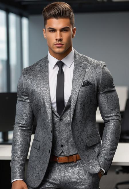 a strong 22-year-old brazillian hunk bodybuilder male, with a fringe up undercut hairstyle, detailed face, mindless expression,  wearing a dark-gray suit with silver patterns, wearing pants,  on a modern office, standing at attention pose, looking at viewer, portrait, photography, detailed skin, realistic, photo-realistic, 8k, highly detailed, full length frame, High detail RAW color art, diffused soft lighting, shallow depth of field, sharp focus, hyperrealism, cinematic lighting