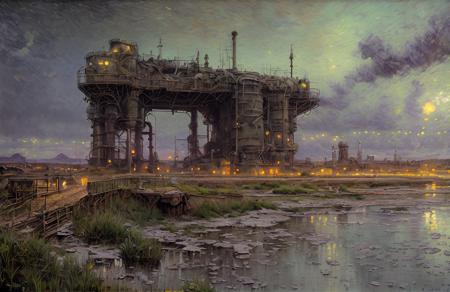 (impressionism:1.05), salt flat, Cliff/Bluff, industrialism, (jeremy mann:1.1), rural, a painting,scene painting,scenery, night,steampunk city scene,grass,ground,cloud, <lora:å·¥ä¸è¸æ±½:0.4>,