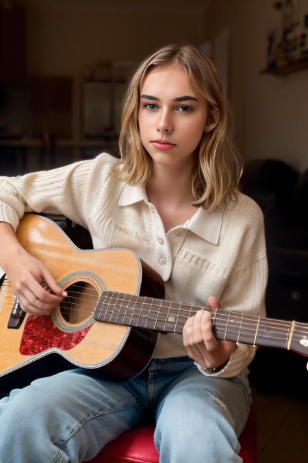 RAW photo of clajame, playing guitar,  (high detailed skin:1.2), 8k uhd, dslr, soft lighting, high quality, film grain, Fujifilm XT3,  <lora:clajame:1>