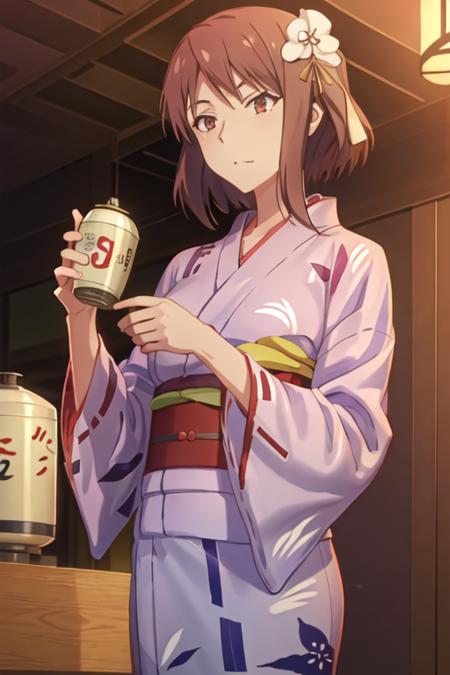 best quality, masterpiece, highres, solo, {yukata:1.40}, {kimono:1.20}, {sengoku_chihiro_sakurasounopetnakanojo:1.15}, short_hair, red_hair, brown_hair, brown_eyes, red_eyes