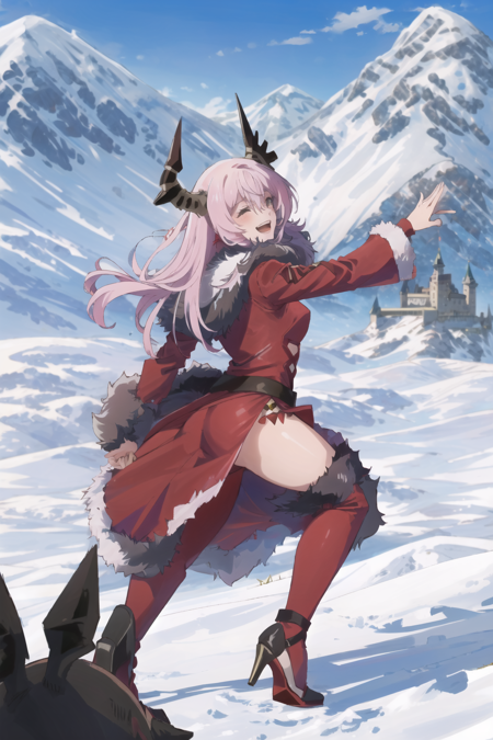 <lora:echidnaiqh-08:0.8>, echidnaiqh, 1girl, small breasts, red dress, fur trim,  (laughing:1.1025),, ass focus, ((village)), fantasy, ((castle)), mountain, high heels,