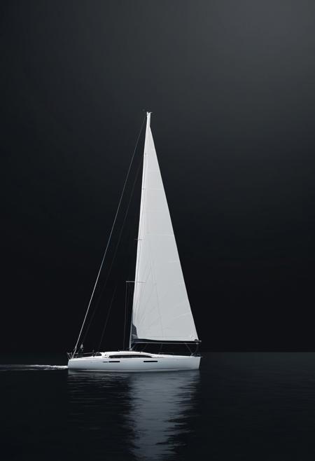A solitary, ultra-minimalist modern sailboat floats gracefully against a deep midnight black background, its clean silhouette gently illuminated by diffused soft white light. The sailboat’s form is defined by precise linear geometry and smooth, fluid curves, embodying an aesthetic of refined simplicity. Rendered in 8K photorealism using Octane, the image captures a sense of serene elegance and quiet depth. The soft interplay of light and shadow caresses the boat’s polished surface, highlighting its structural harmony without excess. The surrounding void intensifies the subject’s presence, creating a tranquil visual poem that balances Impressionist atmosphere with Minimalist discipline. This composition evokes understated luxury and stillness, trending on ArtStation for its fusion of classical grace and modern abstraction.