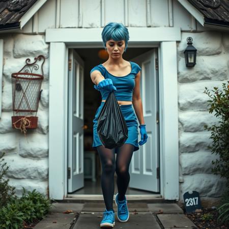 high quality, 8K Ultra HD. at a cottage, a woman with short blue hair walks through the front door, she is wearing a blue crop top, blue mini skirt, black stockings , blue sneakers and blue rubber gloves. Her arm is stretched out in front of her holding a small black plastic bag, there is a look of disgust on her face. long shot, deep focus, eye level view