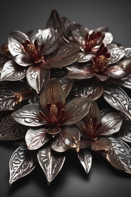 (masterpiece, best quality, ultra-detailed:1.2), a colossal iron orchid, intricately sculpted petals showing varying stages of oxidation, from deep rust-red to shimmering silver where freshly polished, dew drops of oil reflecting a vibrant sunset, dramatic lighting, volumetric light, bokeh, shallow depth of field, close-up, photorealistic, 8k, sharp focus, studio lighting, dark background, subtle iron filings scattered around the base, hint of steam rising from the warm metal, (hyperrealism:1.1), (metallic reflections:1.3), (intricate details:1.4), (ornate:1.2), (filigree:1.1), (industrial:0.8), (gothic:0.5), (art nouveau:0.3)