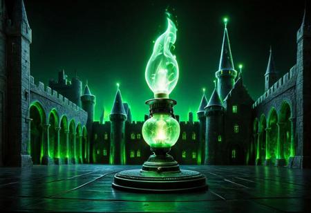 Necron, electricity, green glow, green theme, oil lamp with flame solo, castle, detailed background, best quality, vibrant colors, photorealistic style, high detail, hyper-realistic, highres, 4K resolution, realistic photo, masterpiece, ultra-detailed, gentle glow, close-up shot,