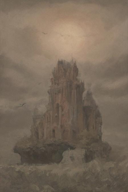 oil painting, of a castle on a cliff, forest, night, a flock of bats flying in the dark sky, reddish moon, clouds tainted red, dark theme, still life, shadows, haunted castle