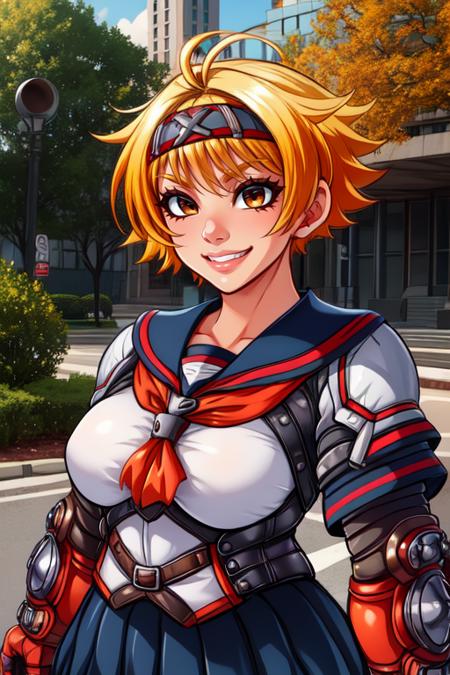 Kamikaze, short hair, blonde hair, brown eyes,  
red gauntlets, school school uniform,  orange bike shorts,  headband, red boots, pleated skirt, 
standing, upper body,  
park, outdoors,  smile, 
(insanely detailed, beautiful detailed face, masterpiece, best quality)  solo,   <lora:KamikazeOuka:0.7>