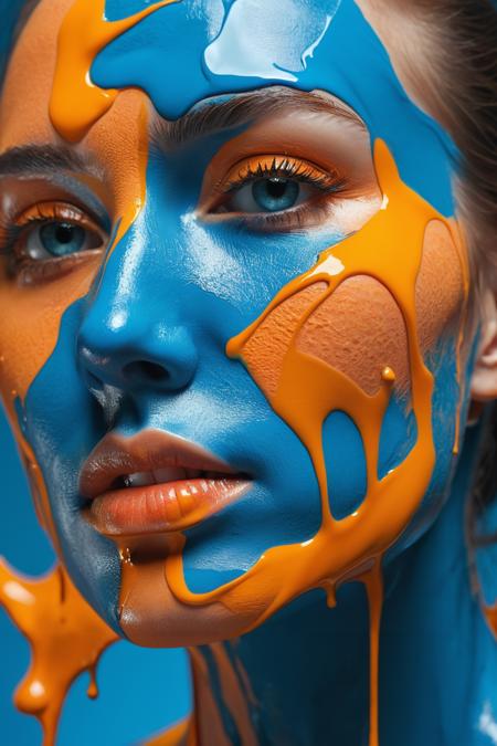 Extreme close-up shot,  blue and orange paint on the face of a woman,  in the style of vray tracing,  fluid forms,  hyper-realistic details,  color splash,  dark cyan and yellow,  polished metamorphosis,  photo-realistic techniques