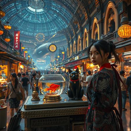 Setting is a futuristic shopping market at night in a huge domed building at night, the market is comprised of street vendors selling robot parts, food, weapons, and robots.  (((((CLASSICALLY STYLIZED LIGHTING AND ARCHITECTURE FROM CHINA INDIA JAPAN FRANCE EGYPT ROME AND GREECE))))), A gold fish bowl is on the table with a cat-fish) People wearing futuristic cyberpunk clothing are walking through the street market shopping and eating, A sleek black cat with red collar sits on a cluttered metal riveted desk with transparent top and micro-LED lighted computer components visible inside, On the desk is an ebony and gold maneki neko statue and futuristic art deco lighting, (((a beautiful woman, 24 years old, is standing in the foreground FACING THE VIEWER, she has an expression of interested curiosity)))))), the sleek black cat with red collar is sitting on the desk and watching the people walking by in the busy street market, the woman is dressed in futuristic cyberpunk ECLECTIC style yukata with a low neck line alluring aesthetic. An enormous art deco inspired starship with futuristic lighting and an enormous space station are visible in the background among the stars, The woman's hair is elegantly tied up with a ribbon. Artistic cyberpunk, dynamic perspective, (((overall architectural aesthetic is Art Deco Cyberpunk))).  Epic image that elicits a feeling of wonder and awe,