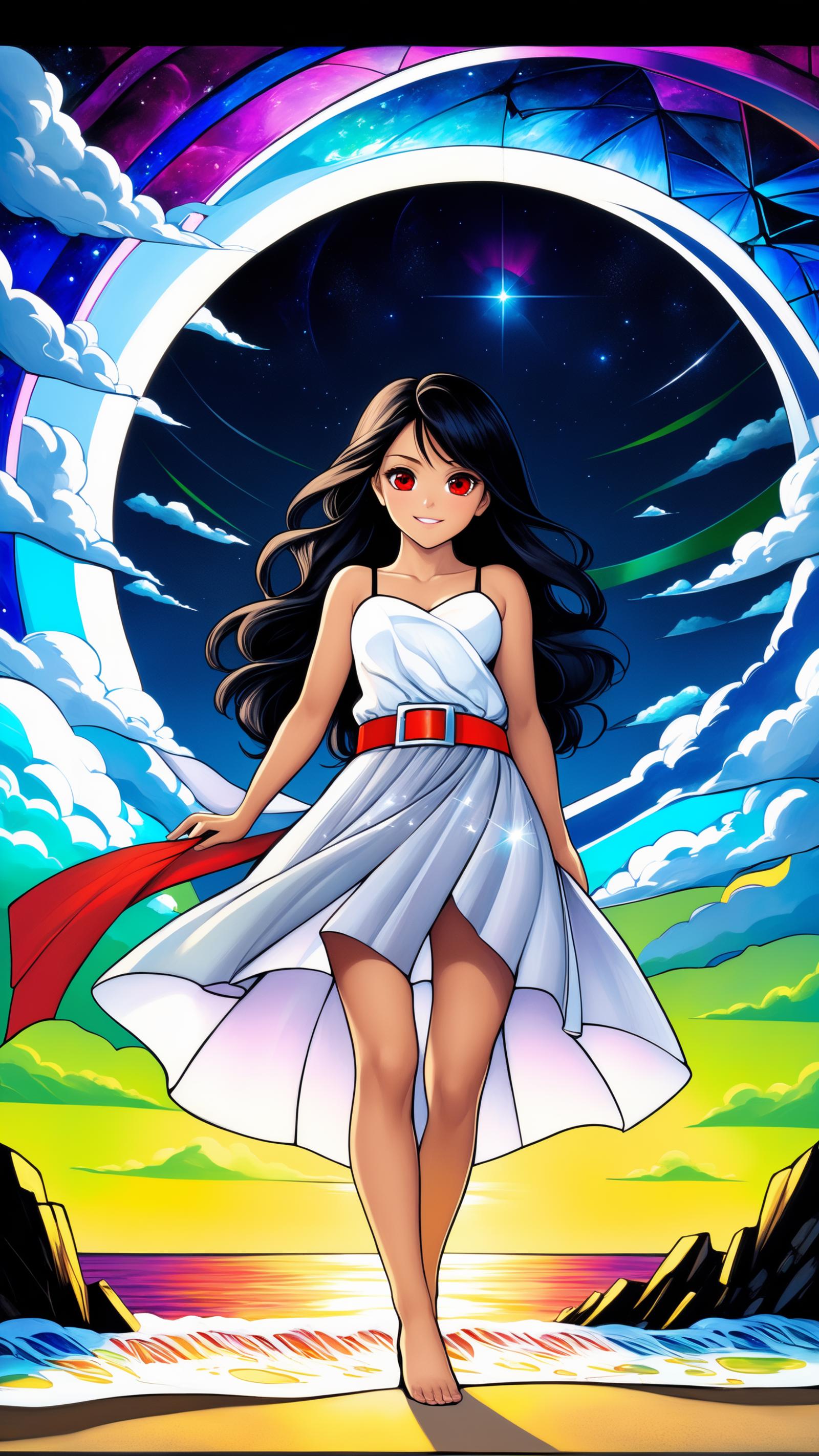 A cartoon illustration of a woman in a white dress with a red belt standing on a cloud.