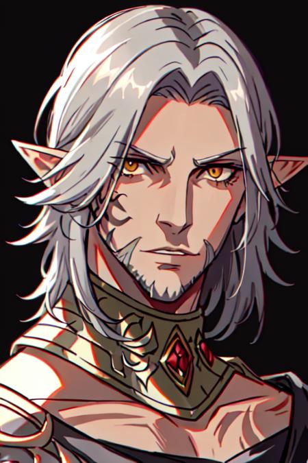 Urianger,  solo,  solo focus, looking at viewer,  dark skin,  tattoo,  facial hair,  portrait,  beard,  mature male, <lora:EMS-48060-EMS:1.000000>