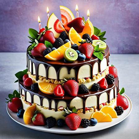 An elaborate birthday layer cake with different fillings and icing decorated with various fresh fruits.